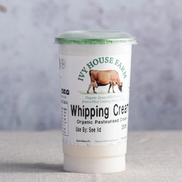 A tub of Ivy House Farm orgnaic jersey milk whipping cream.