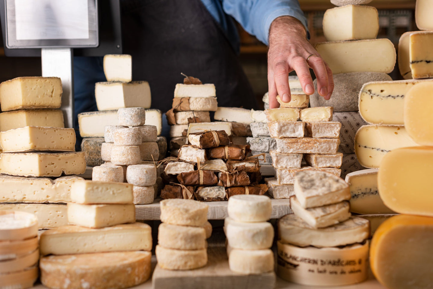 A selection of cow and goat's cheese on the shop counter