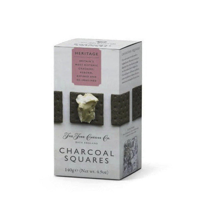 Box of Charcoal Square crackers with branding on a white background