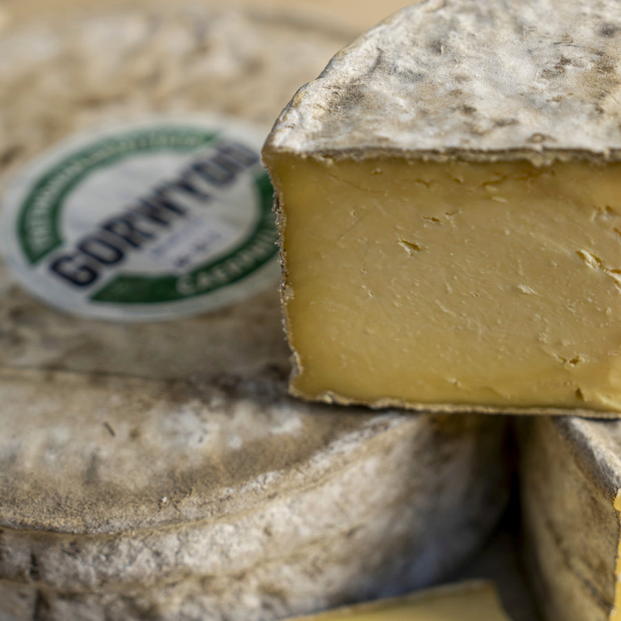 Close up of a cut and a whole Gorwydd Caerphilly cheese.