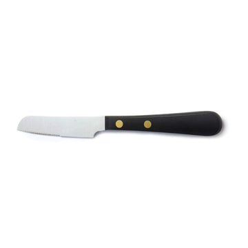 A stainless steel David Mellor fruit knife, with a black acetate handle and brass rivets.
