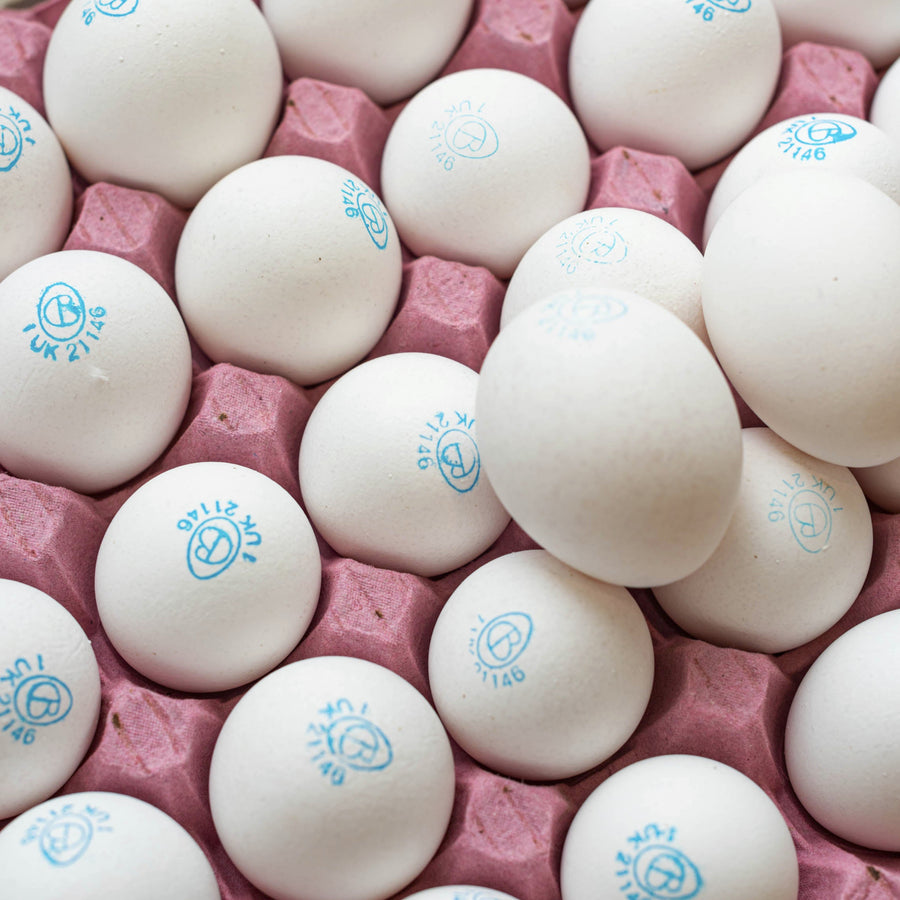 A tray of white hen's eggs in a pink cardboard tray.