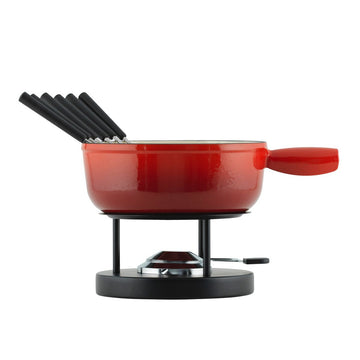 A red cast iron fondue set, complete with forks anf a fuel burner.