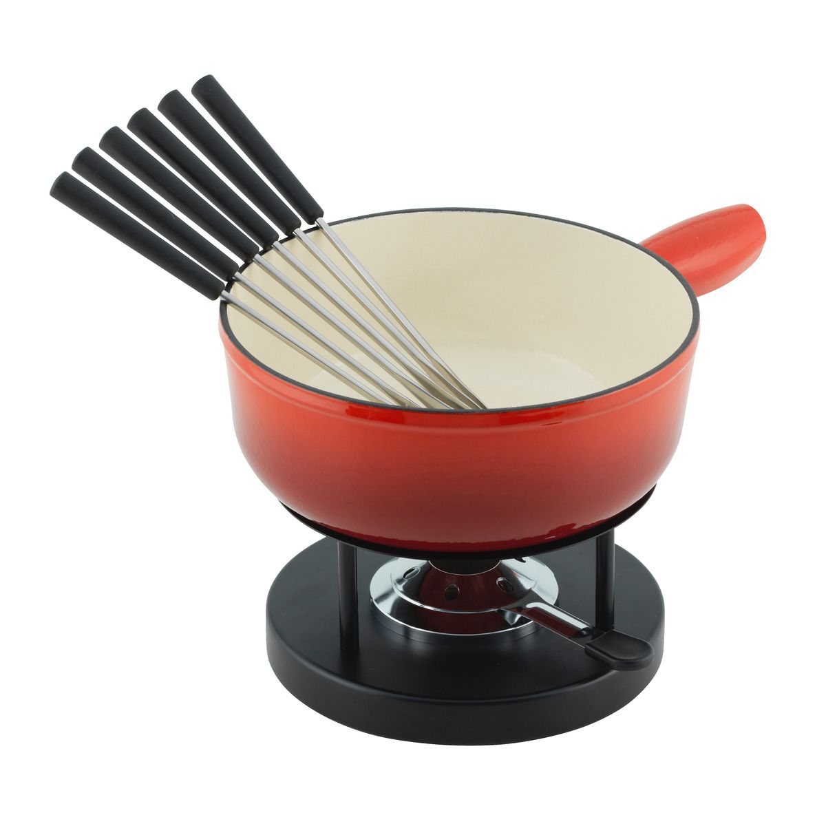 View of a cast iron fondue pot with forks on a rechaud stand.