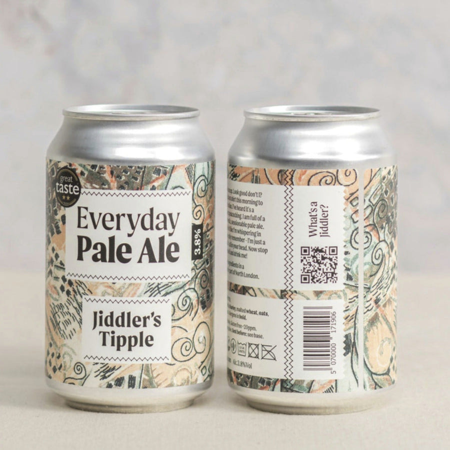 Two 330ml cans of Jiddler's Tipple 'Everyday Pale Ale' beer.
