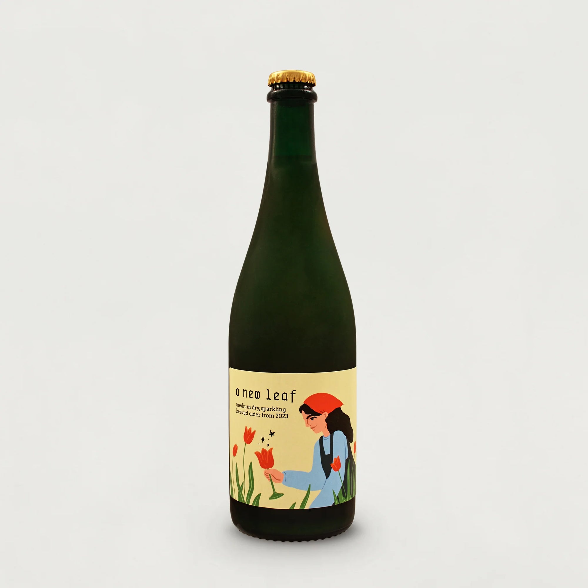 Bottle with a colorful label featuring an illustration of a person and flowers on a white background