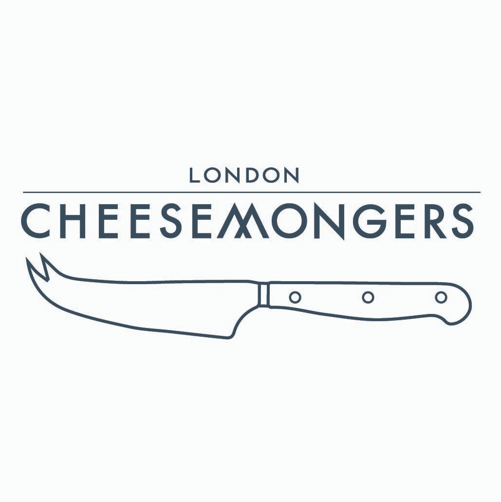Logo of London Cheesemongers with a knife illustration on a white background.