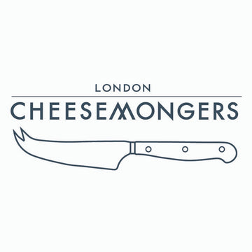 Logo of London Cheesemongers with a knife illustration on a white background.