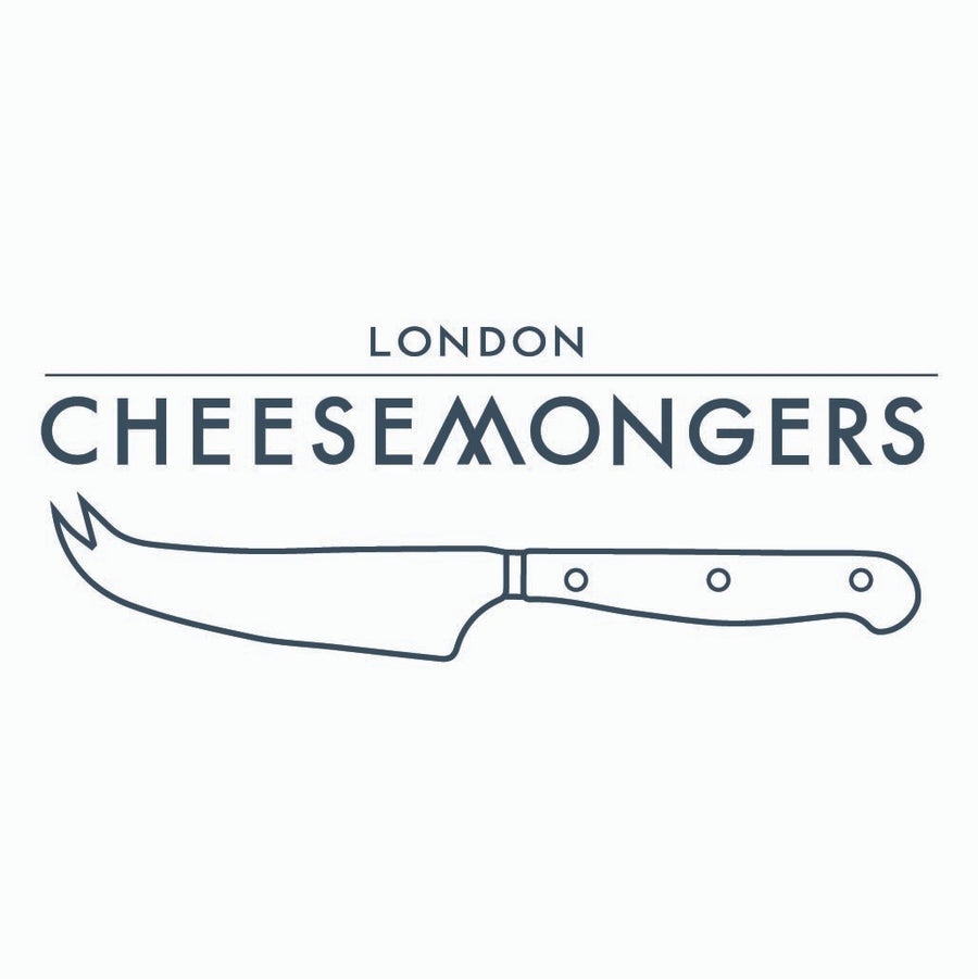 Logo of London Cheesemongers with a knife illustration on a white background.