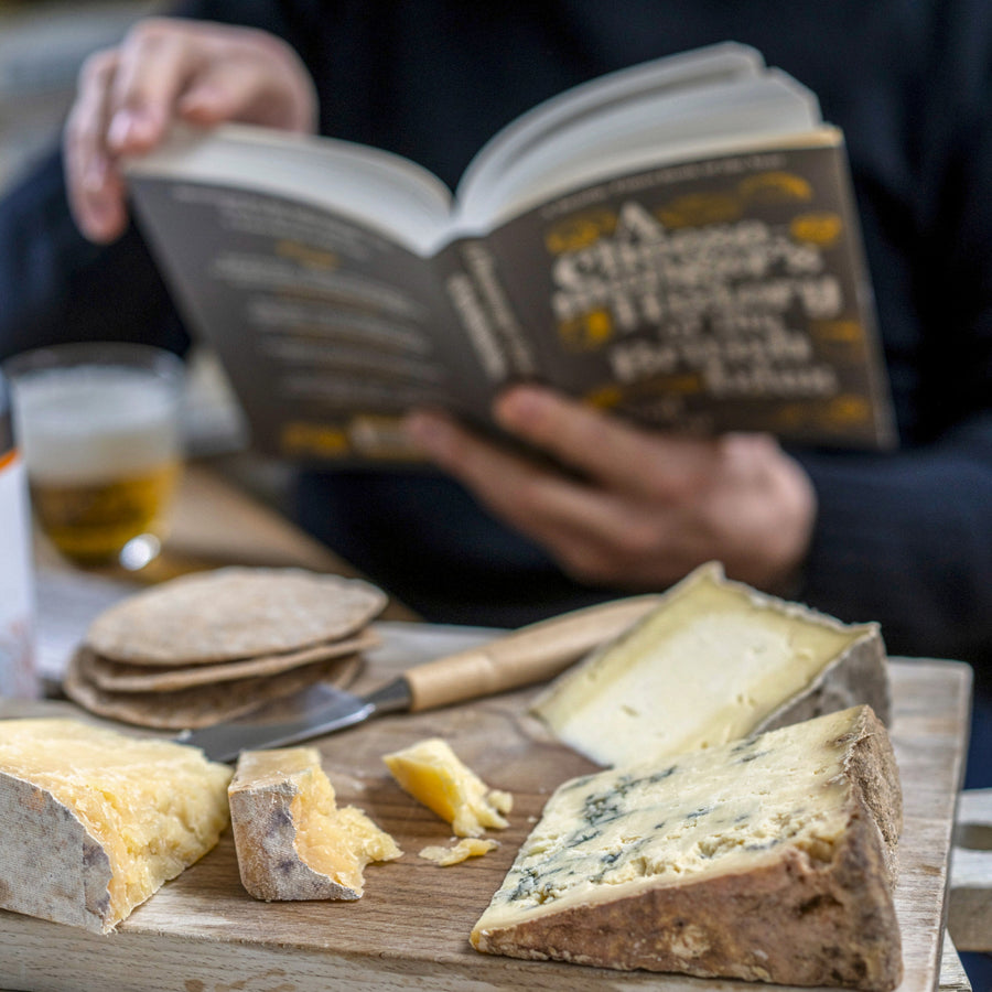 A selection of cuts of cheese and biscuits on a wooden board, with a person reading a book in the background.