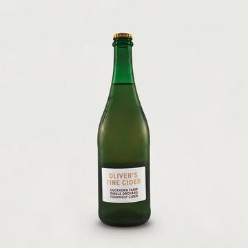 A 750ml glass bottle of Oliver's Foxwhelp cider.