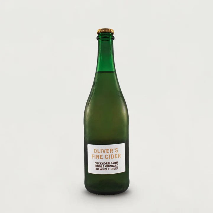 A 750ml glass bottle of Oliver's Foxwhelp cider.