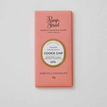 The front of a packet of Pump Street Chocolate Cookie Chip Dark Milk chocolate. 
