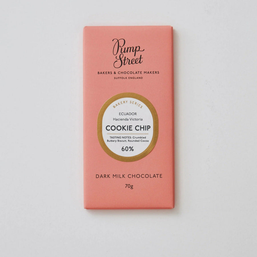 The front of a packet of Pump Street Chocolate Cookie Chip Dark Milk chocolate. 