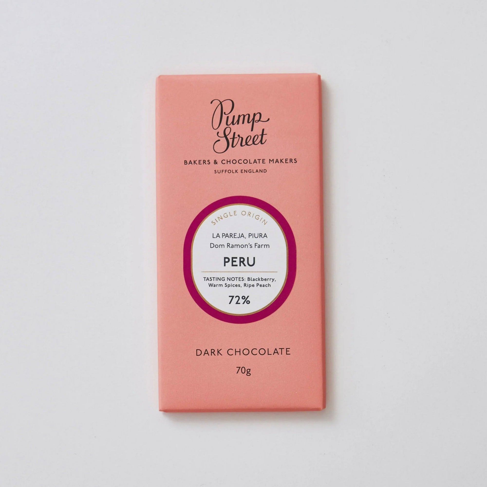 A packet of Pump Street Peru 72% dark chocolate.