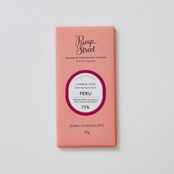 A packet of Pump Street Peru 72% dark chocolate.
