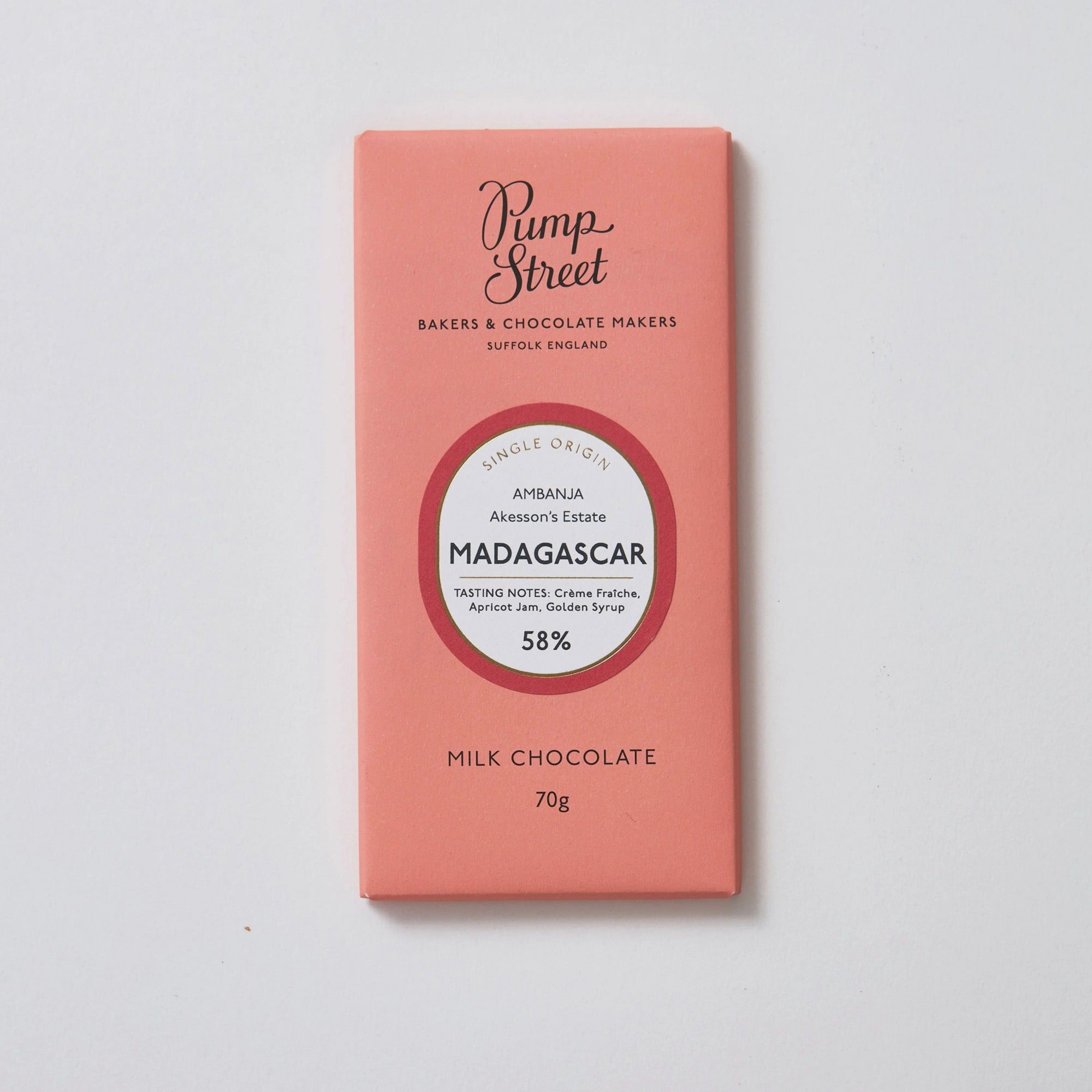 The front of a packet of Pump Street Madagascar milk chocolate.