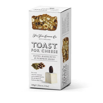 Box of 'Toast for Cheese' biscuits with ingredients listed on a white background