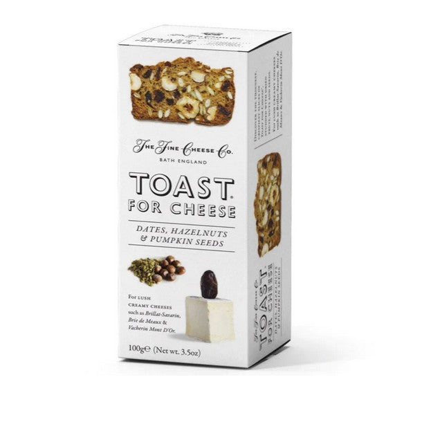 Box of 'Toast for Cheese' biscuits with ingredients listed on a white background