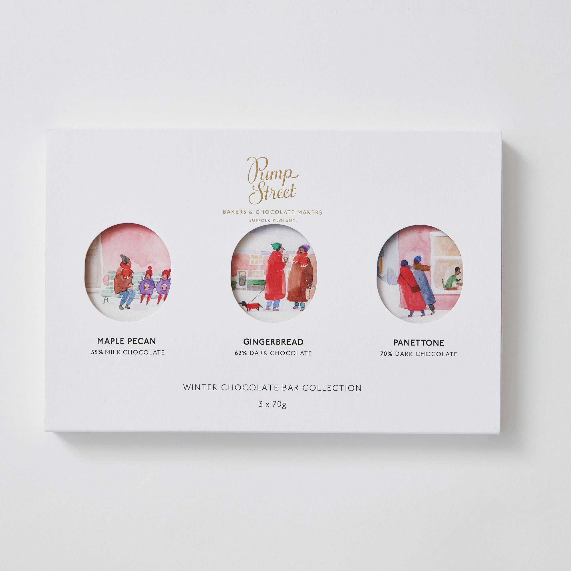 Box of winter chocolate bars with colorful illustrations on a white background