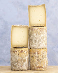A stack of cut and whole barriquet goats cheese on a wooden board.