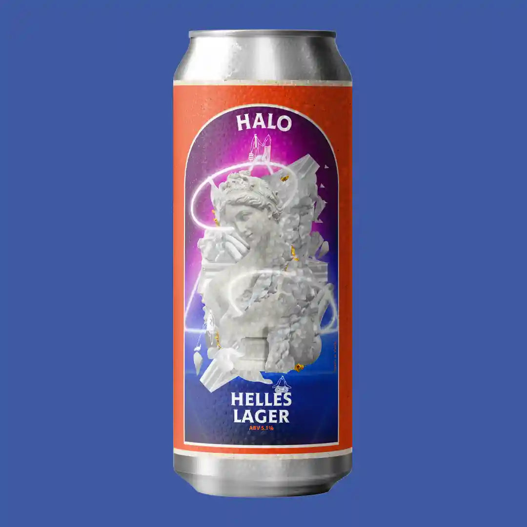 Halo Helles Lager can on a blue background