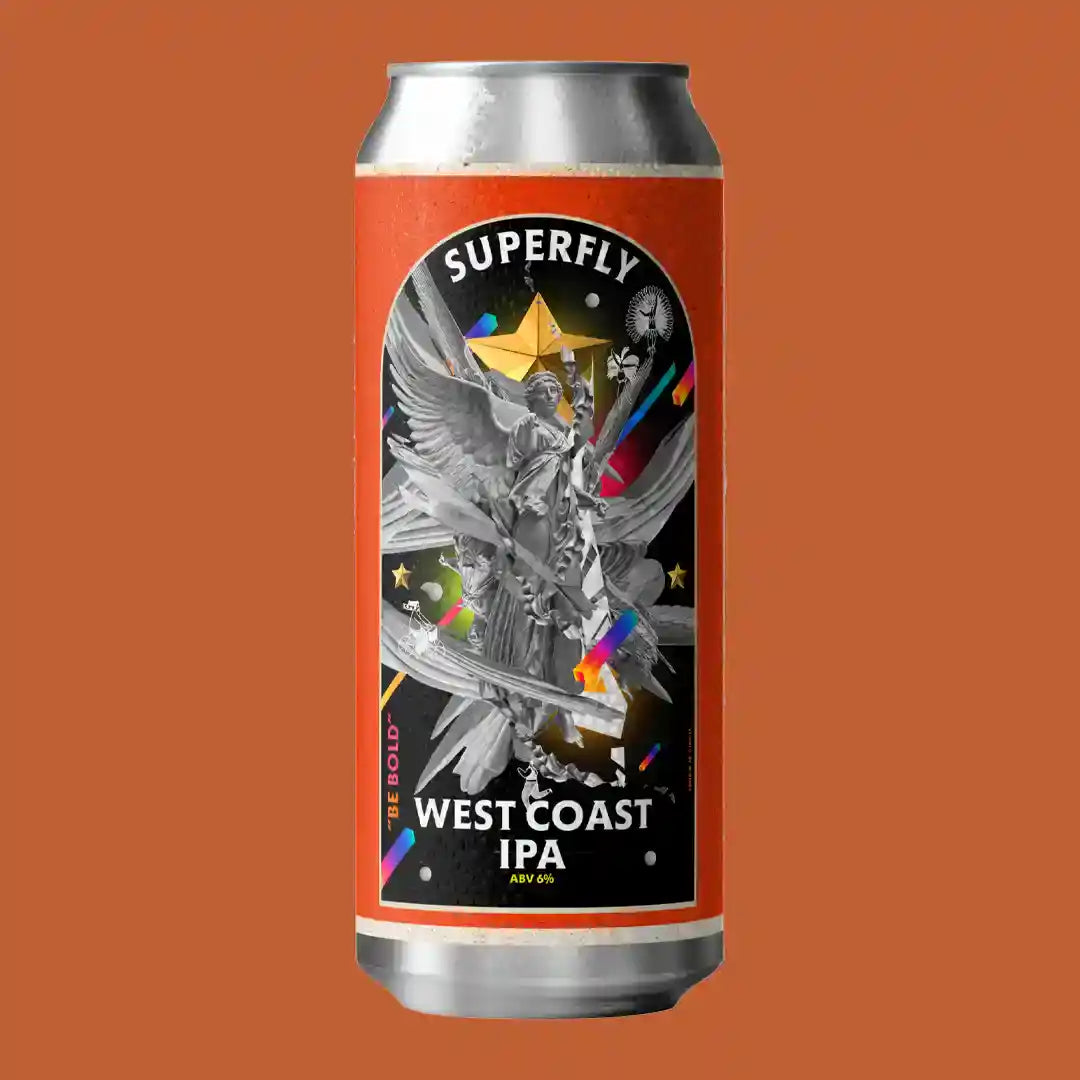 Superfly West Coast IPA can on a brown background
