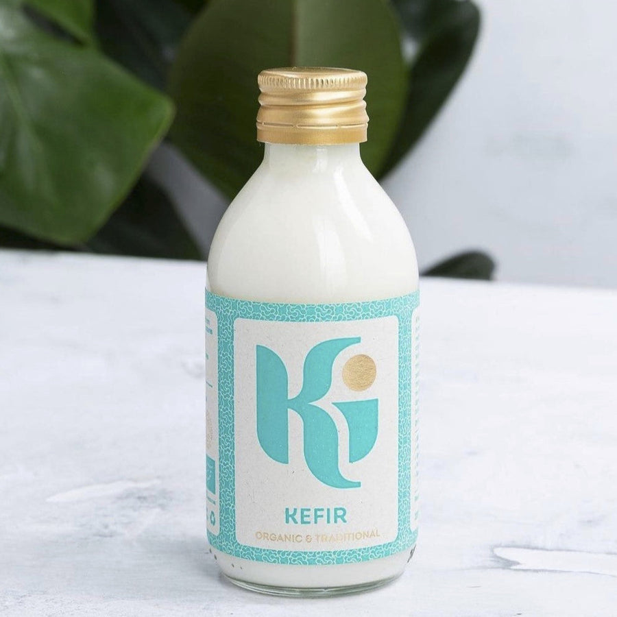 A small glass bottle of 'Ki' kefir.