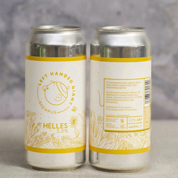 Two 440ml cans of Left Handed Giant Brewery Helles lager.