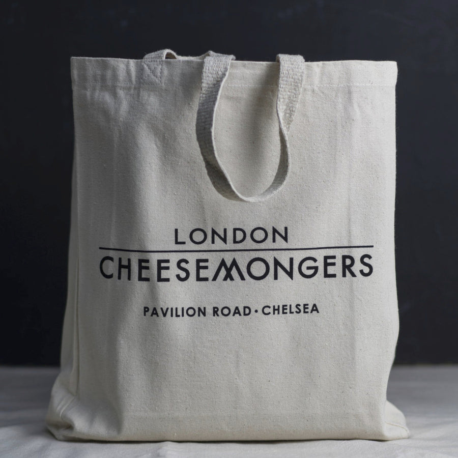 An ecru coloured London Cheesemongers branded organic cotton tote bag.