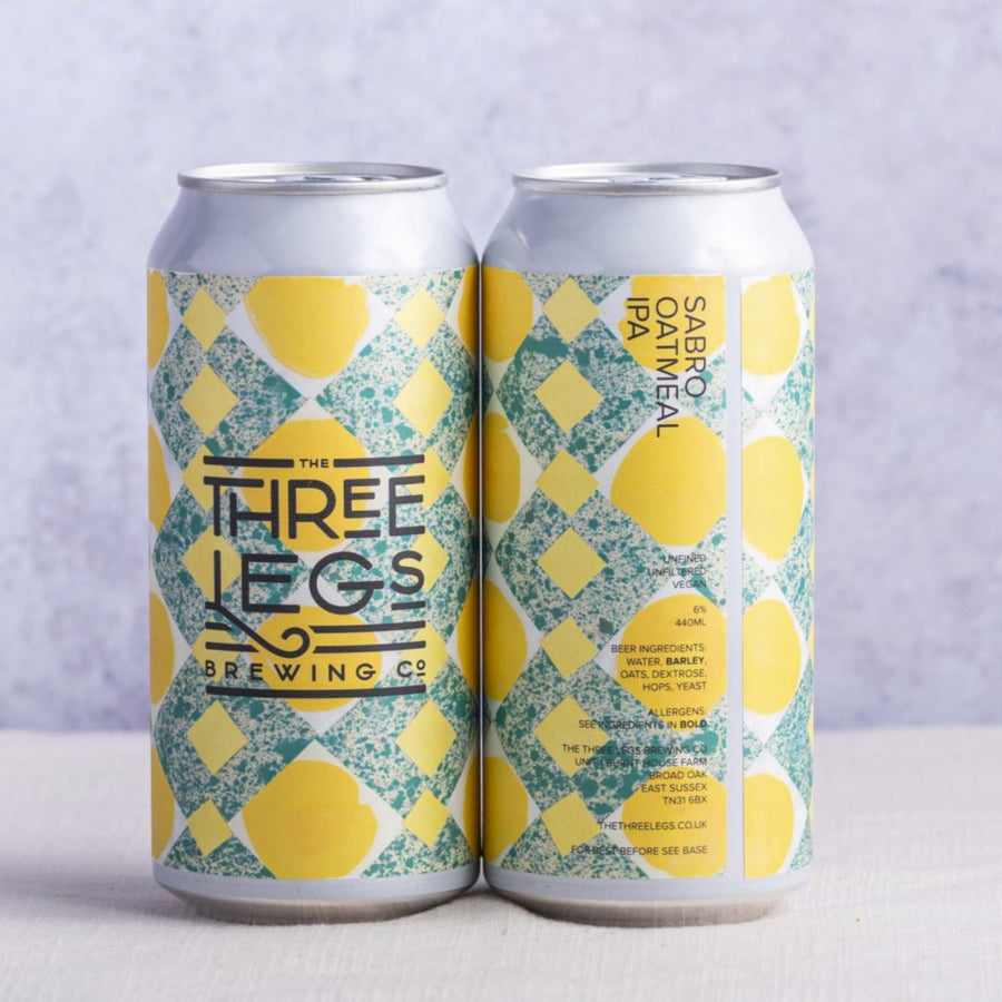 Two 440ml cans of Three Legs Brewing Co. Sabro Oat IPA beer