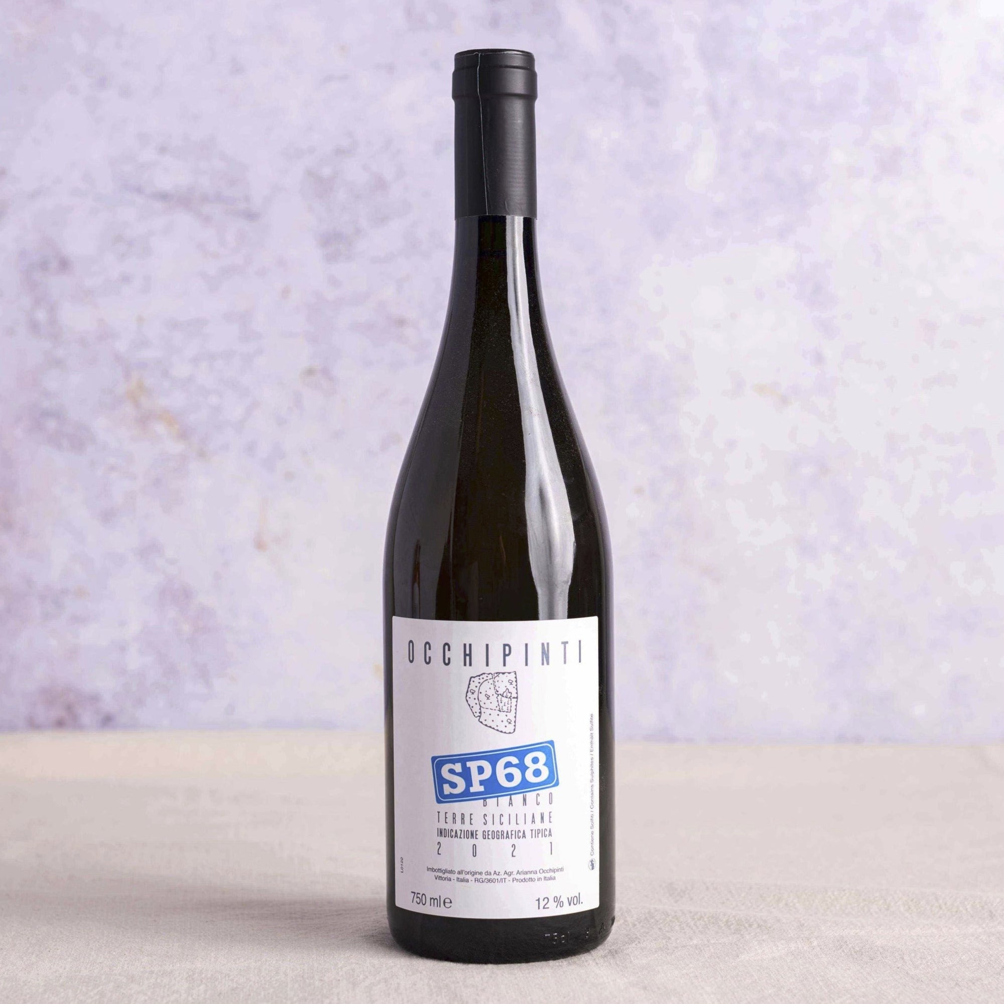 A bottle of Occhipinti SP68 Terre Siciliane Bianco Italian white wine.
