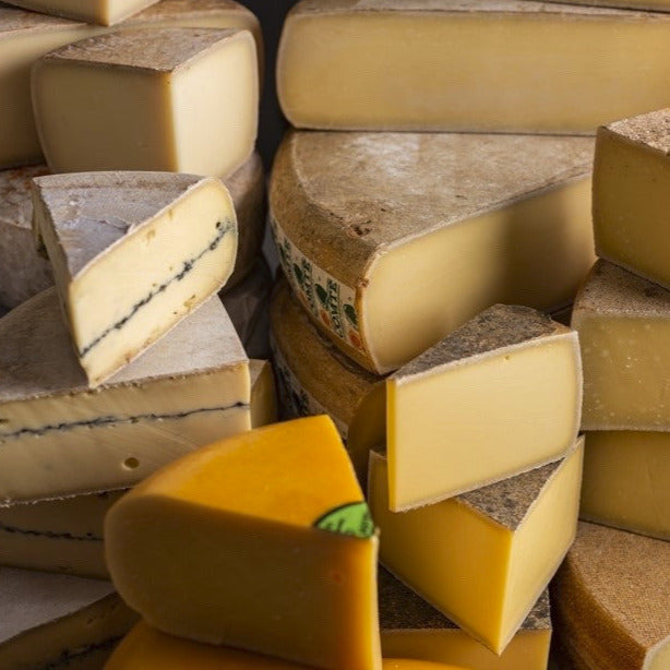 A selection of cuts of different hard cheeses on a shop counter.