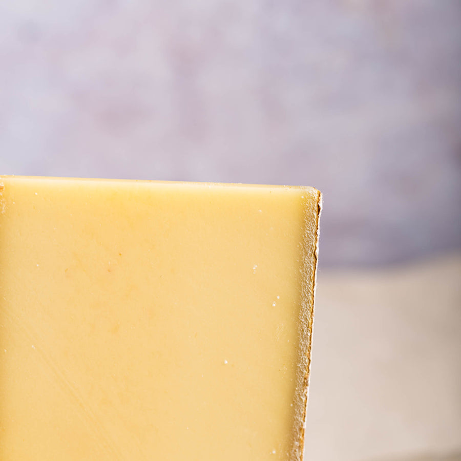 A close up shot of a slice of comté cheese.