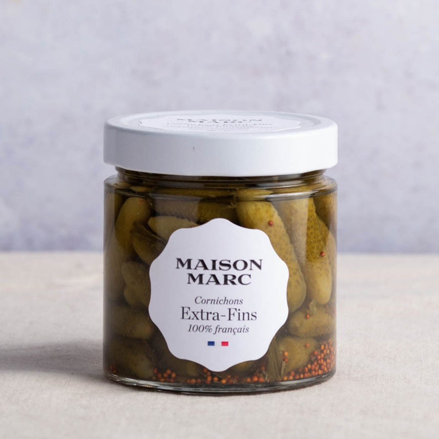 A jar of Maison Marc extra fins cornichons.