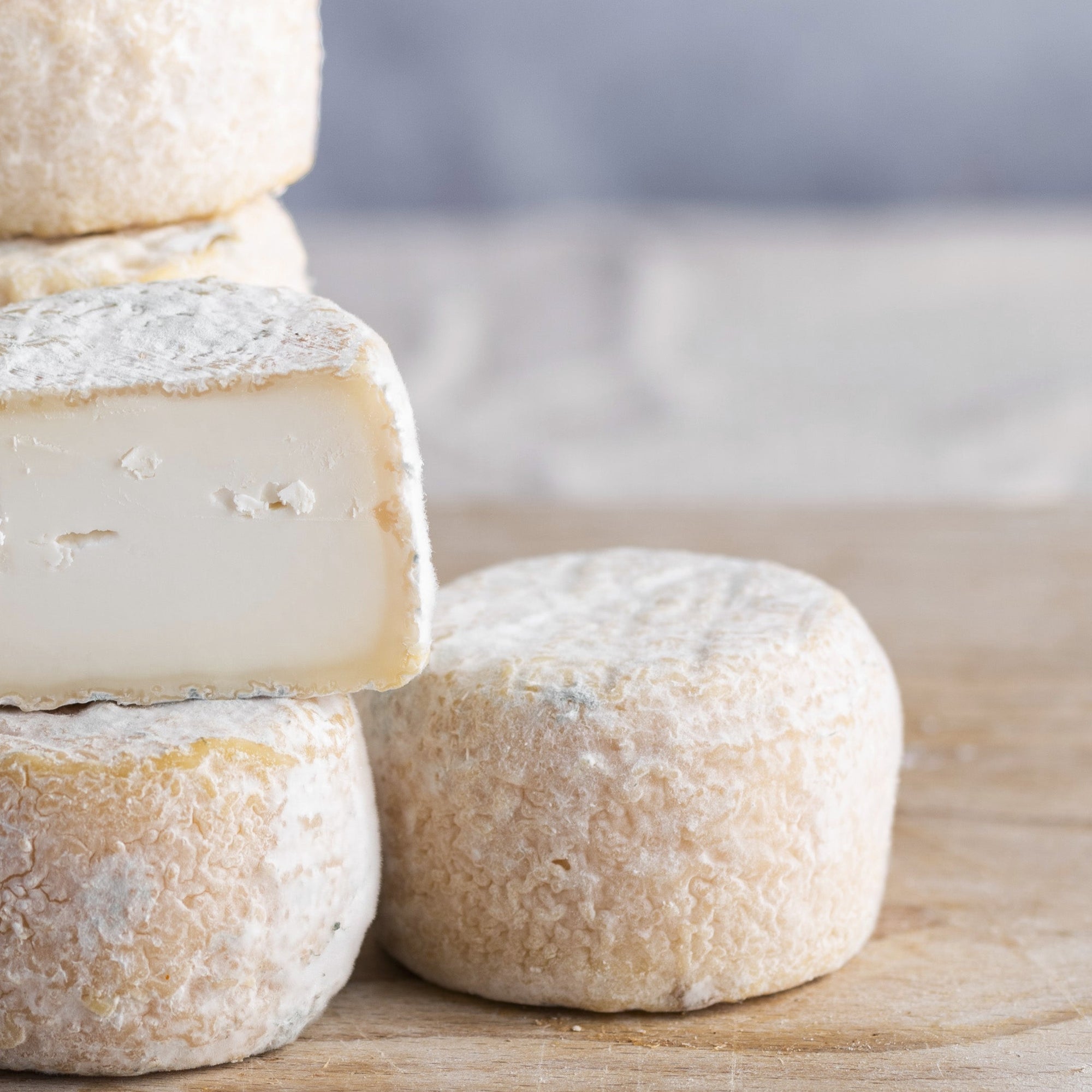 Close up of a cut face and a whole Crottin de Chavignol goat's cheese.