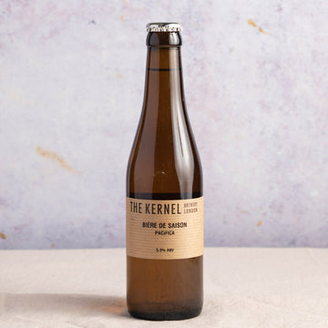 A 330ml brown glass bottle of Kernel Biere de Saison beer.