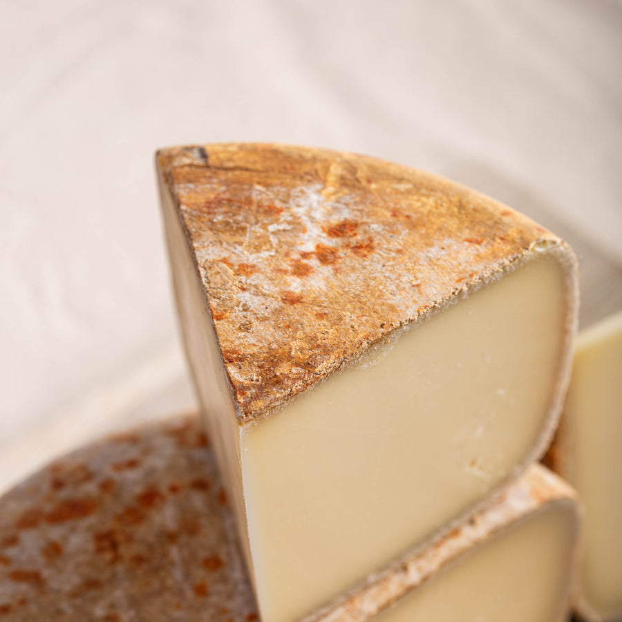 close up shot of a cut of ossai iraty sheep's milk cheese.