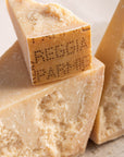 Pieces of cut Parmigiano cheese.