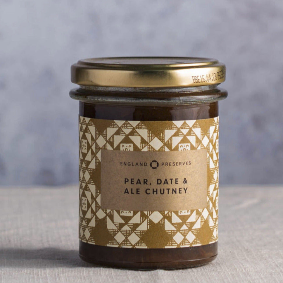A jar of England Preserves pear, date and ale chutney.