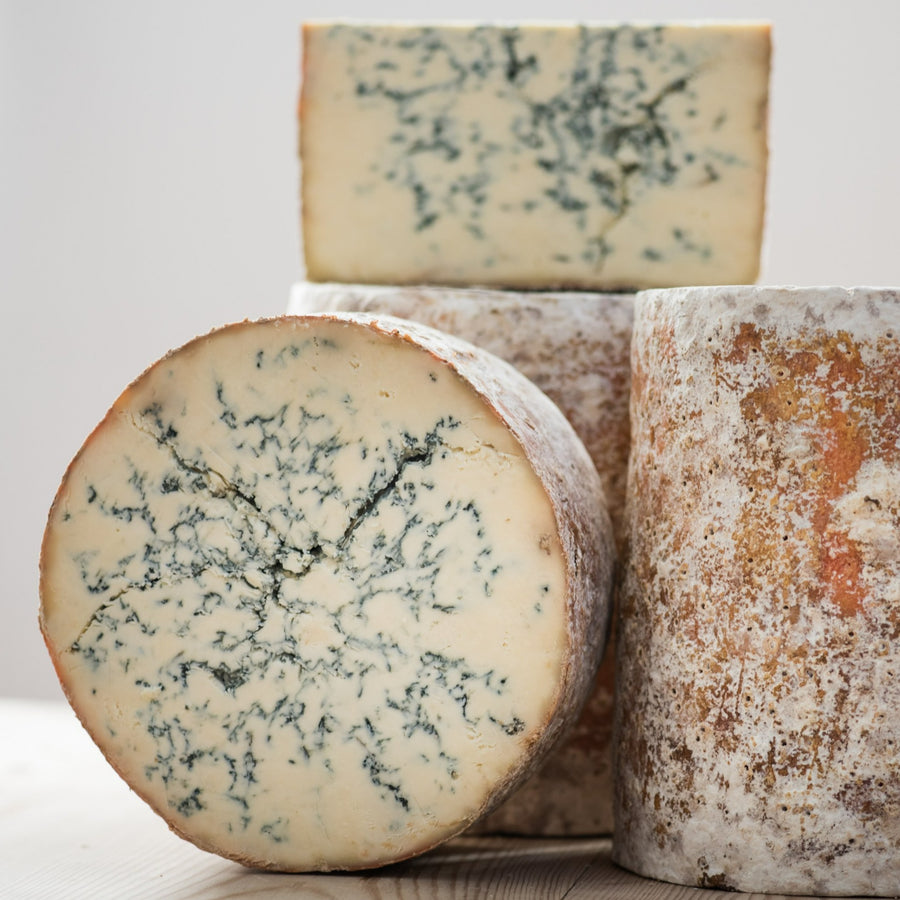 Whole and large cuts of Stilton blue cheese.