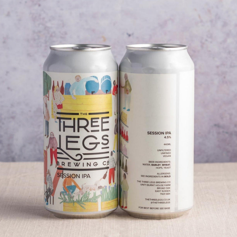 Two cans of Three Legs Brewing Co. Session IPA beer